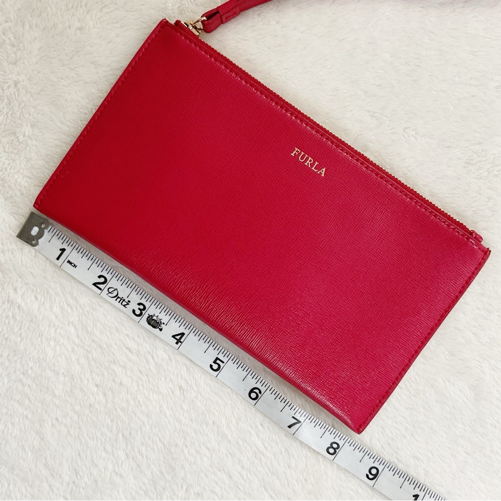 Furla Red Saffiano Leather Wristlet Clutch Wallet Zip Pouch - Picture 12 of 14